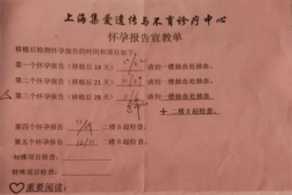 上海集爱医院试管怀孕报告宣教单